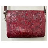 Vintage Western Red Hand Tooled Leather Reversible Handbag / Clutch Purse