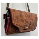 Vintage Western Red Hand Tooled Leather Reversible Handbag / Clutch Purse