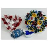 Stunning Art Glass Decor including Floral Vintage Peggy Karr Pansies Fused Art Glass Bowl Ruffled Edge, Enamel Signed Covered Dish and More!