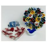 Stunning Art Glass Decor including Floral Vintage Peggy Karr Pansies Fused Art Glass Bowl Ruffled Edge, Enamel Signed Covered Dish and More!