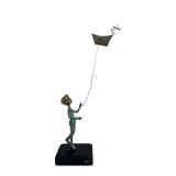 Vintage Malcolm Moran Mid Century Bronze Statue of a Boy with a Kite