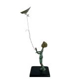 Vintage Malcolm Moran Mid Century Bronze Statue of a Boy with a Kite