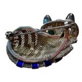 Chinese Gilded Silver Cat Brooch with Enamel Stripes and Turquoise Eyes