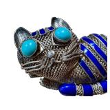 Chinese Gilded Silver Cat Brooch with Enamel Stripes and Turquoise Eyes