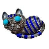 Chinese Gilded Silver Cat Brooch with Enamel Stripes and Turquoise Eyes