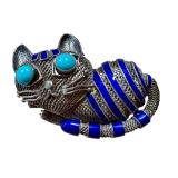 Chinese Gilded Silver Cat Brooch with Enamel Stripes and Turquoise Eyes