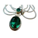 Sterling Silver Faceted Green Gemstone Cabochon Necklace