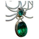 Sterling Silver Faceted Green Gemstone Cabochon Necklace