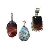 Sterling Silver Smokey Agate Cabochon Pendant, Red Tiger Stone Cabochon Pendant and Mother of Pearl Pendant