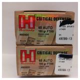 HORNADY CRITICAL DEFENSE ** 45 AUTO ** 185 gr FTX ** BRASS CASE ** LOT OF 2 BOXES