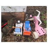 Wood block chair, girls big wheel a...