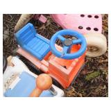 Wood block chair, girls big wheel a...