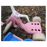 Wood block chair, girls big wheel a...