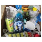 Box of household cleaning supplies ...