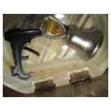 Box of home decor including hand ca...