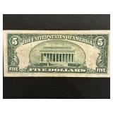 1934 B Green Seal $5 Dollar Federal Reserve Note