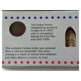 Indian Head Cent and Civil War Bullet