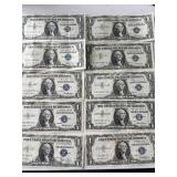 10 Blue Seal $1 Dollar Silver Certificates