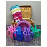 Picnic Basket w/Cups/Plates/Silverware + Mat