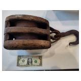 Vintage Cast Iron & Wood Pulley