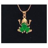 Jade (?) Frog Pendant & Chain Stamped 18KGP