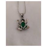 Jade (?) Frog Pendant & Chain Stamped 18KGP