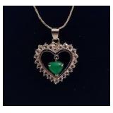 Heart CZ Pendant w/Jade (?) Drop Stamped 18KGP