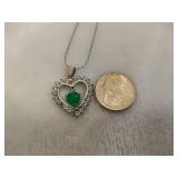 Heart CZ Pendant w/Jade (?) Drop Stamped 18KGP