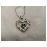 Heart CZ Pendant w/Jade (?) Drop Stamped 18KGP