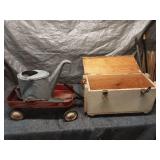 Antique Metal Watering Can and Wooden Storage Chest with Wagon