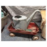 Antique Metal Watering Can and Wooden Storage Chest with Wagon