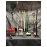 Assorted Outdoor and Garden Tools Including Weed Trimmer and Brooms
