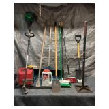 Assorted Outdoor and Garden Tools Including Weed Trimmer and Brooms