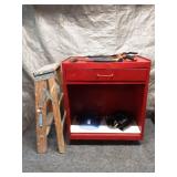 Red Metal Tool Cabinet with Assorted Hand Tools and Ladder
