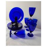 Vibrant Cobalt Blue Goblet and Dessert Plate Service