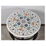 Striking White Marble Pedestal with Pietra Dura Floral Inlay