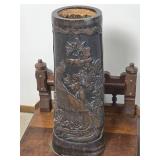 Antique Japanese Meiji Era Carved Wood Vessel Accent Table