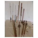 Vintage Ice Fishing Items 7 -Stick Poles 4-Jig Poles Hooks, Ice Scoop