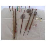 Vintage Ice Fishing Items 7 -Stick Poles 4-Jig Poles Hooks, Ice Scoop