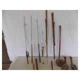 Vintage Ice Fishing Items 7 -Stick Poles 4-Jig Poles Hooks, Ice Scoop