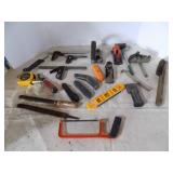 Lot Of Miscellaneous Hand Tools Planers, Tape, File, Level, Hacksaw, Box Cutter, Square, Wire Brush, Screwdriver Set (In Garage)