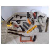 Lot Of Miscellaneous Hand Tools Planers, Tape, File, Level, Hacksaw, Box Cutter, Square, Wire Brush, Screwdriver Set (In Garage)