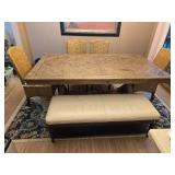 Wooden Dining Table with Woven Chairs and Padded Bench