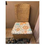 Wooden Dining Table with Woven Chairs and Padded Bench