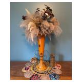 Vintage Orange Ceramic Vase with Dried Floral Arrangement and Candle Holder