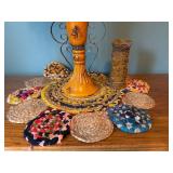 Vintage Orange Ceramic Vase with Dried Floral Arrangement and Candle Holder