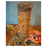 Vintage Orange Ceramic Vase with Dried Floral Arrangement and Candle Holder