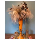 Vintage Orange Ceramic Vase with Dried Floral Arrangement and Candle Holder