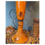 Vintage Orange Ceramic Vase with Dried Floral Arrangement and Candle Holder