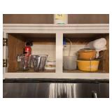 Collection of Kitchenware with Pyrex Measuring Cups and Vintage Casserole Dishes